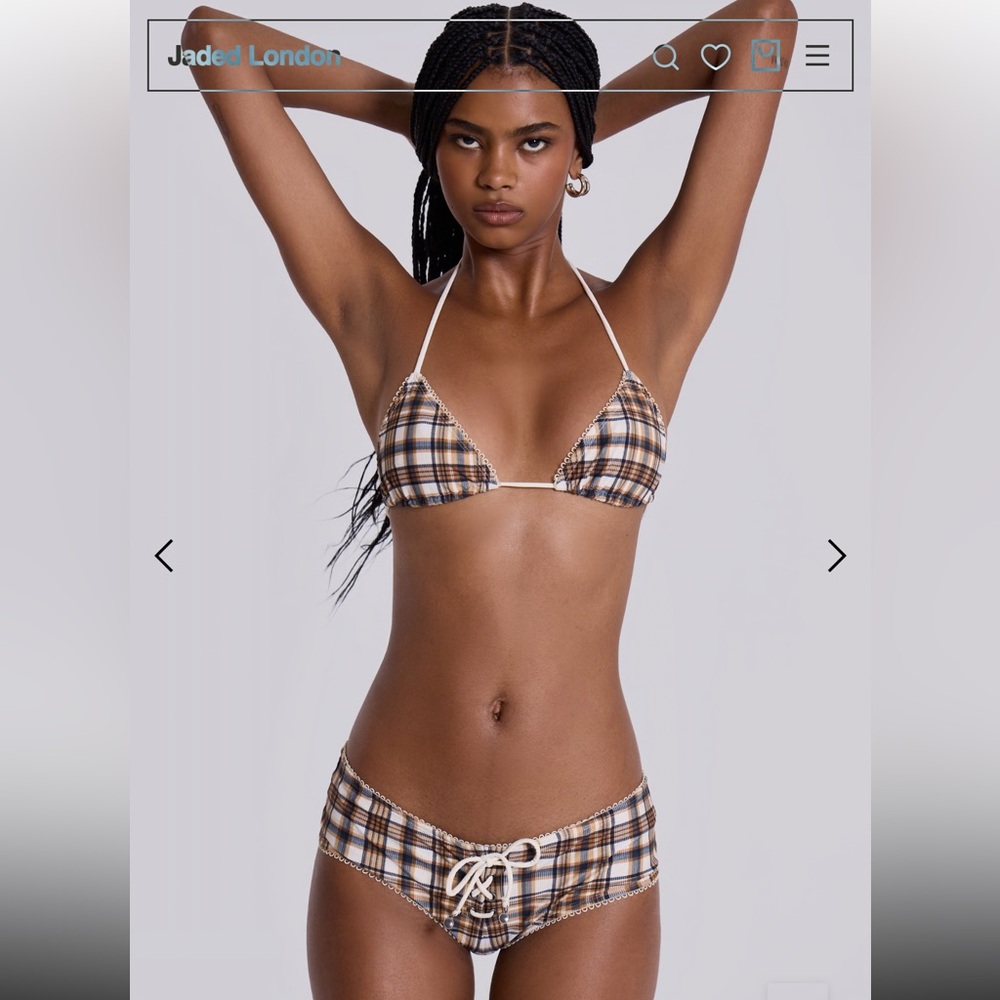 Jaded London Plaid Triangle Bikini Set in Brown and Cream